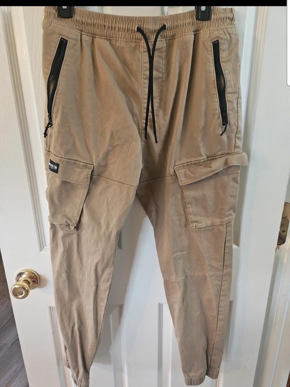 Hollister Men's Khaki Cargo Jogger Pants with Black Accents
